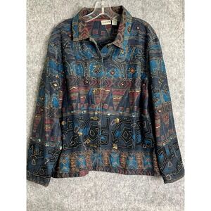 Chico's Denim Jacket Size 3 XL Multicolor Tapestry Print Button Front Beaded